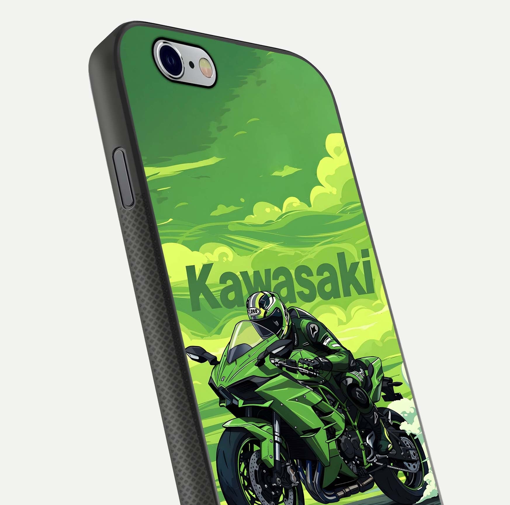 Green Kawasaki Glass Case for iPhone 16 Pro close-up angled shot showing sporty line details and reflection shine
