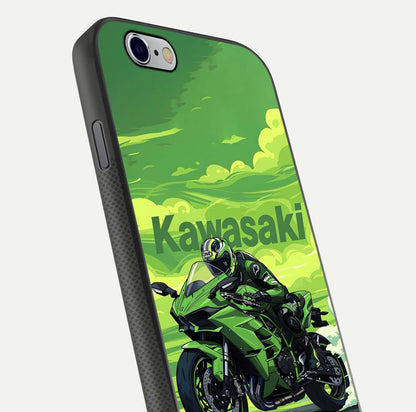 Green Kawasaki Glass Case for iPhone 16 Pro close-up angled shot showing sporty line details and reflection shine