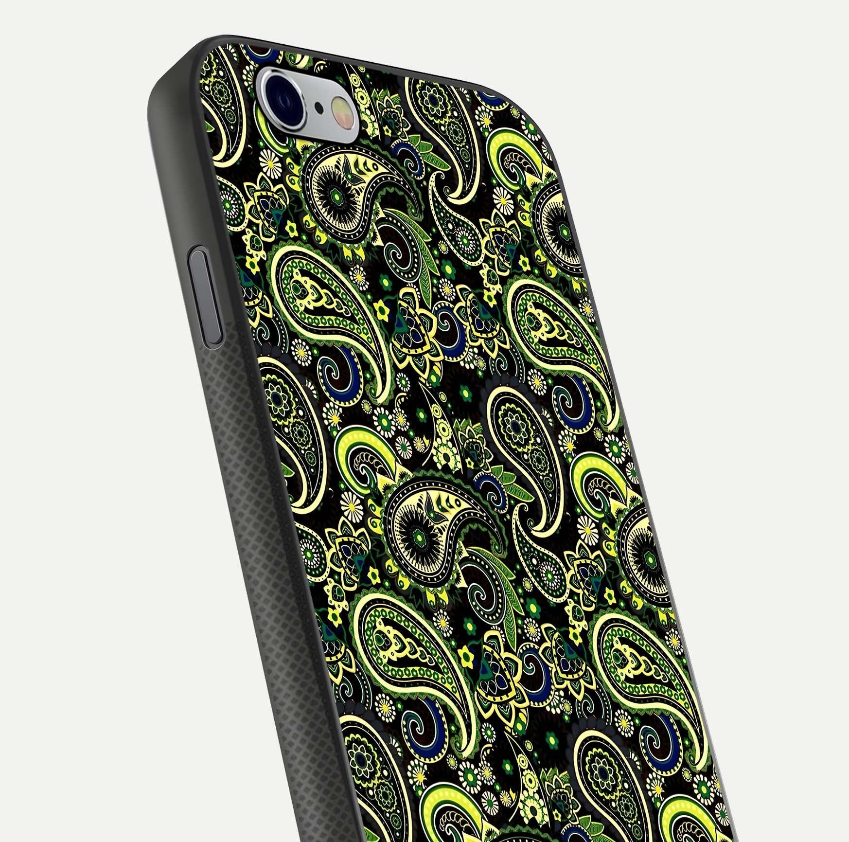Green Mandala Pattern Glass Case for iPhone 16 Pro close-up angled shot showing fine detailing and gold-green reflection