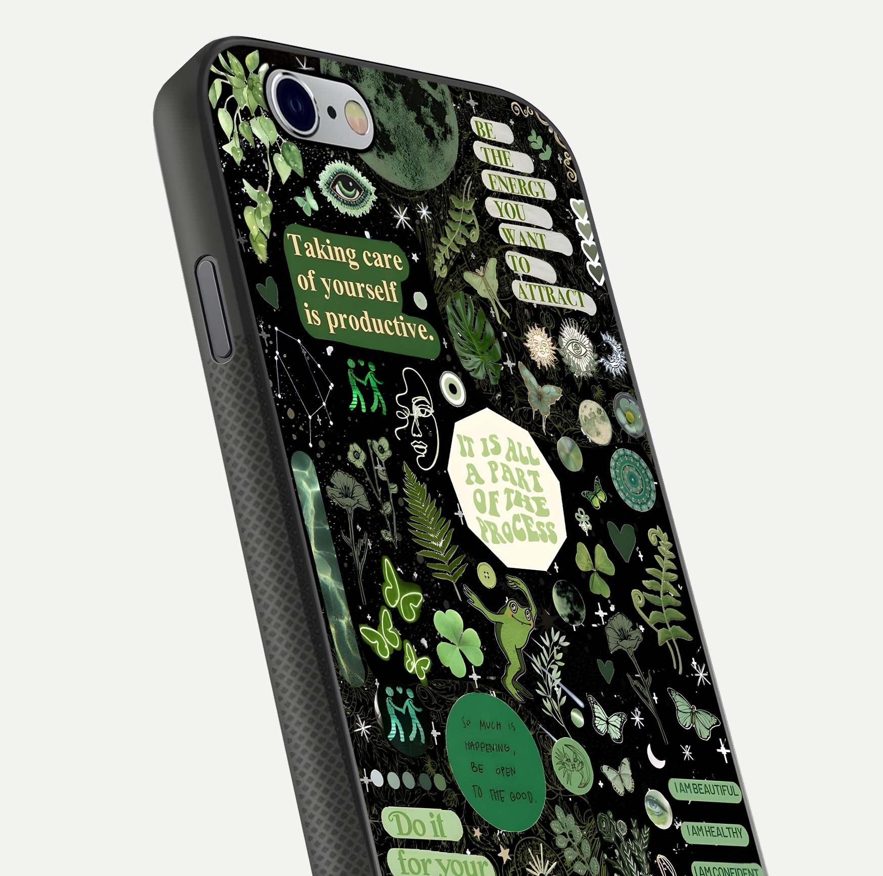 Green Moon Energy Glass Case for iPhone 16 Pro close-up angled shot showing glowing lunar detail and reflection shine
