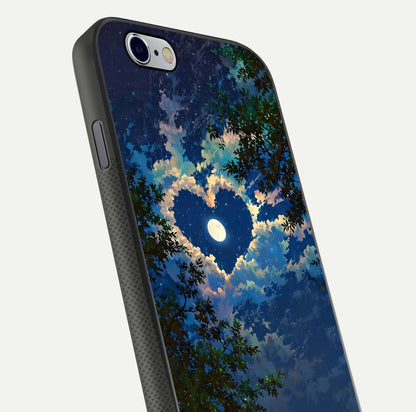 Heart with Moon Sky Glass Case for iPhone 16 Pro close-up angled shot showing lunar reflection and shine detail