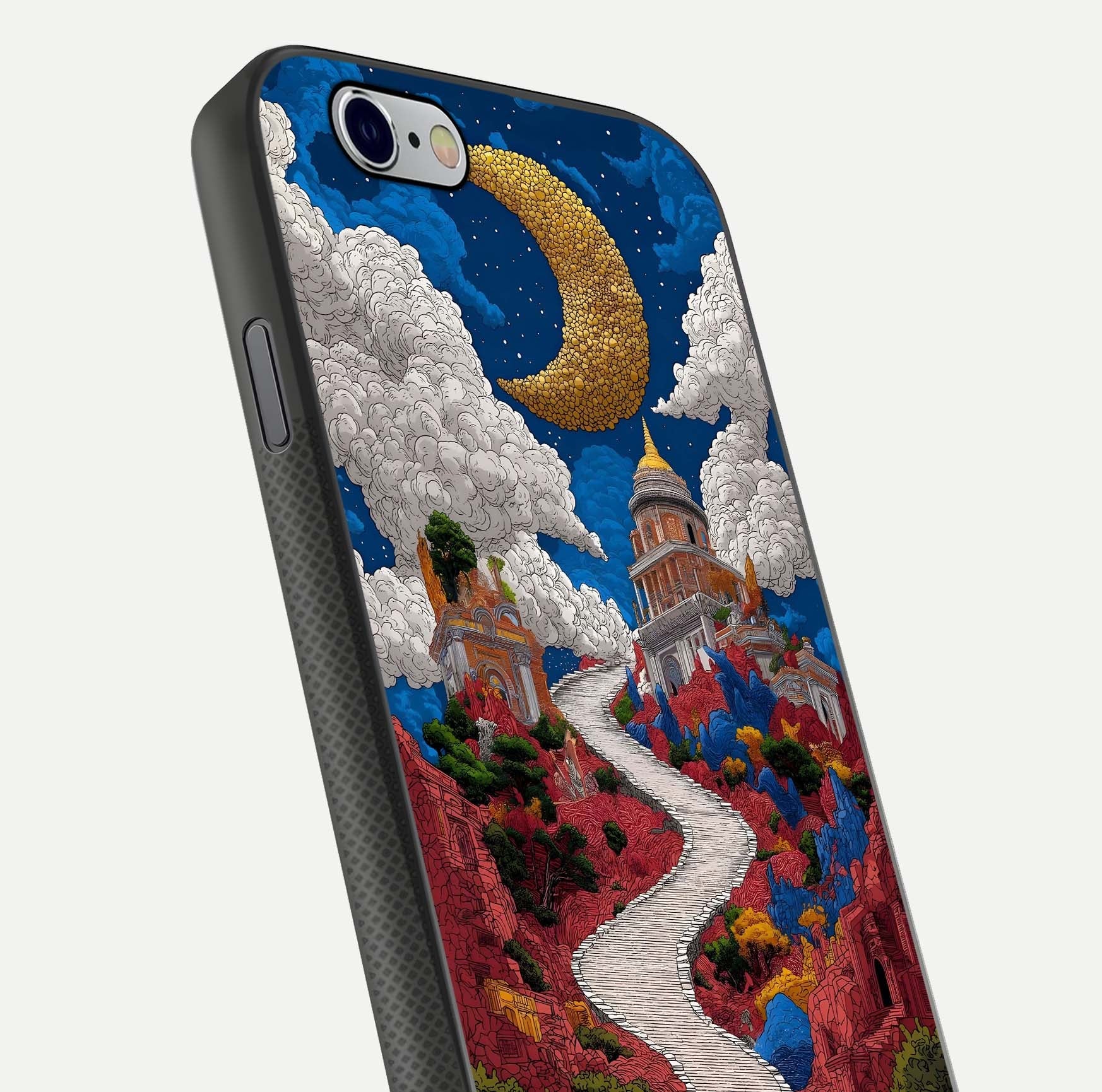 Heavenly Moon Path Glass Case for iPhone 16 Pro close-up angled shot showing moon reflection and shimmer texture
