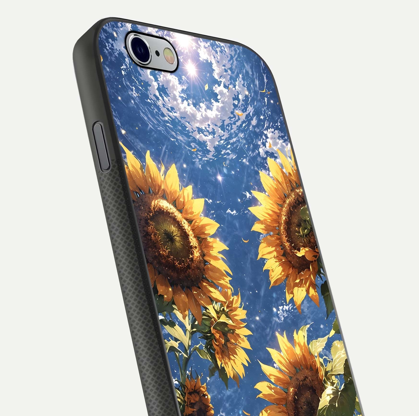 Heavenly Sunflower Rise Glass Case for iPhone 16 Pro close-up angled shot showing sunflower texture and reflection polish