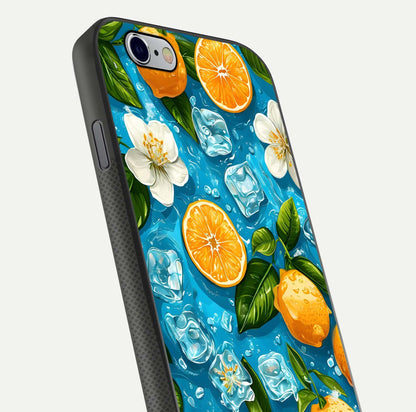 Ice Cube With Orange Glass Case for iPhone 16 Pro close-up angled shot showing orange slices and ice reflections