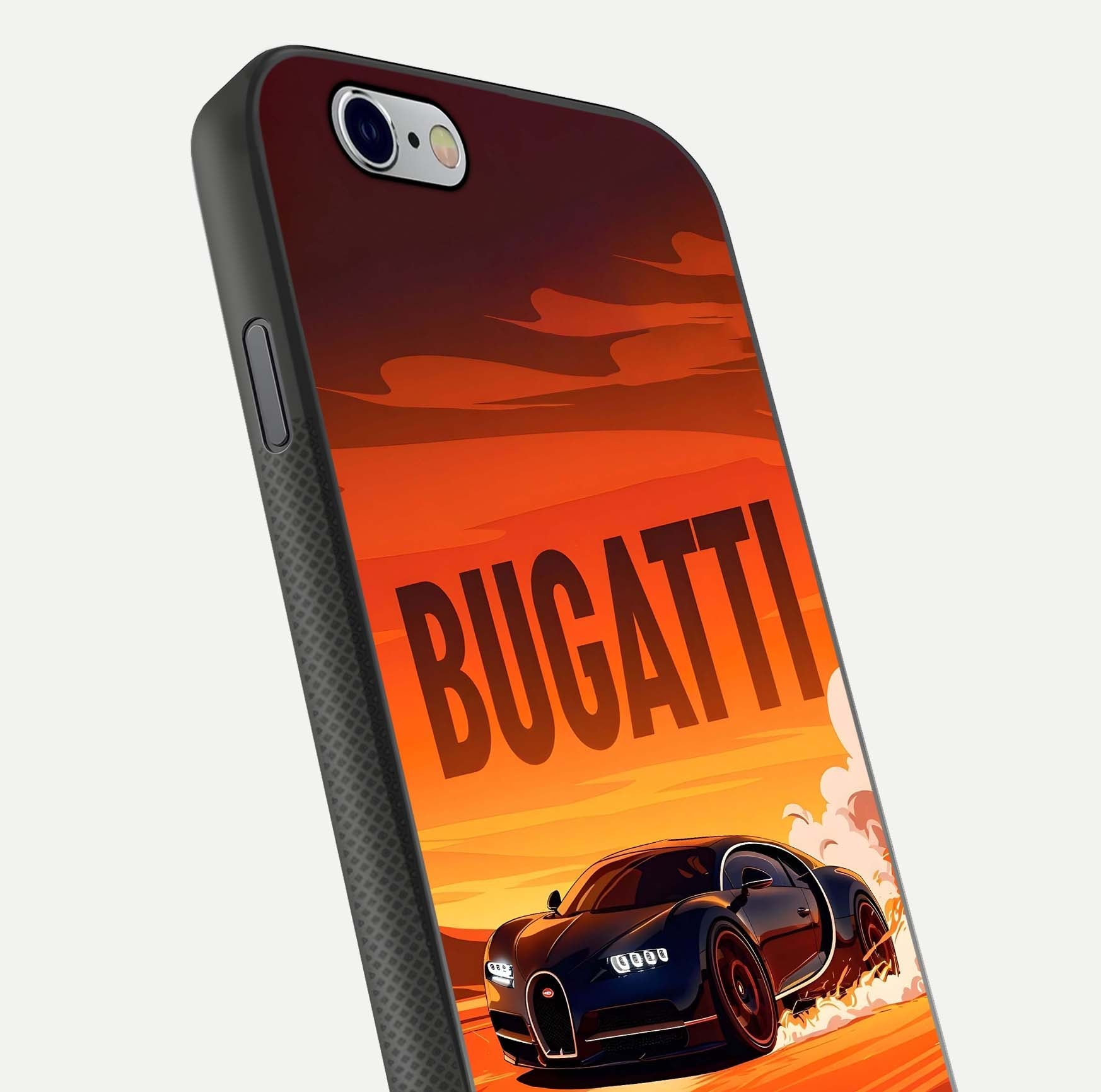 Inferno Bugatti Storm Glass Case for iPhone 16 Pro close-up angled shot showing flame details and reflection shine