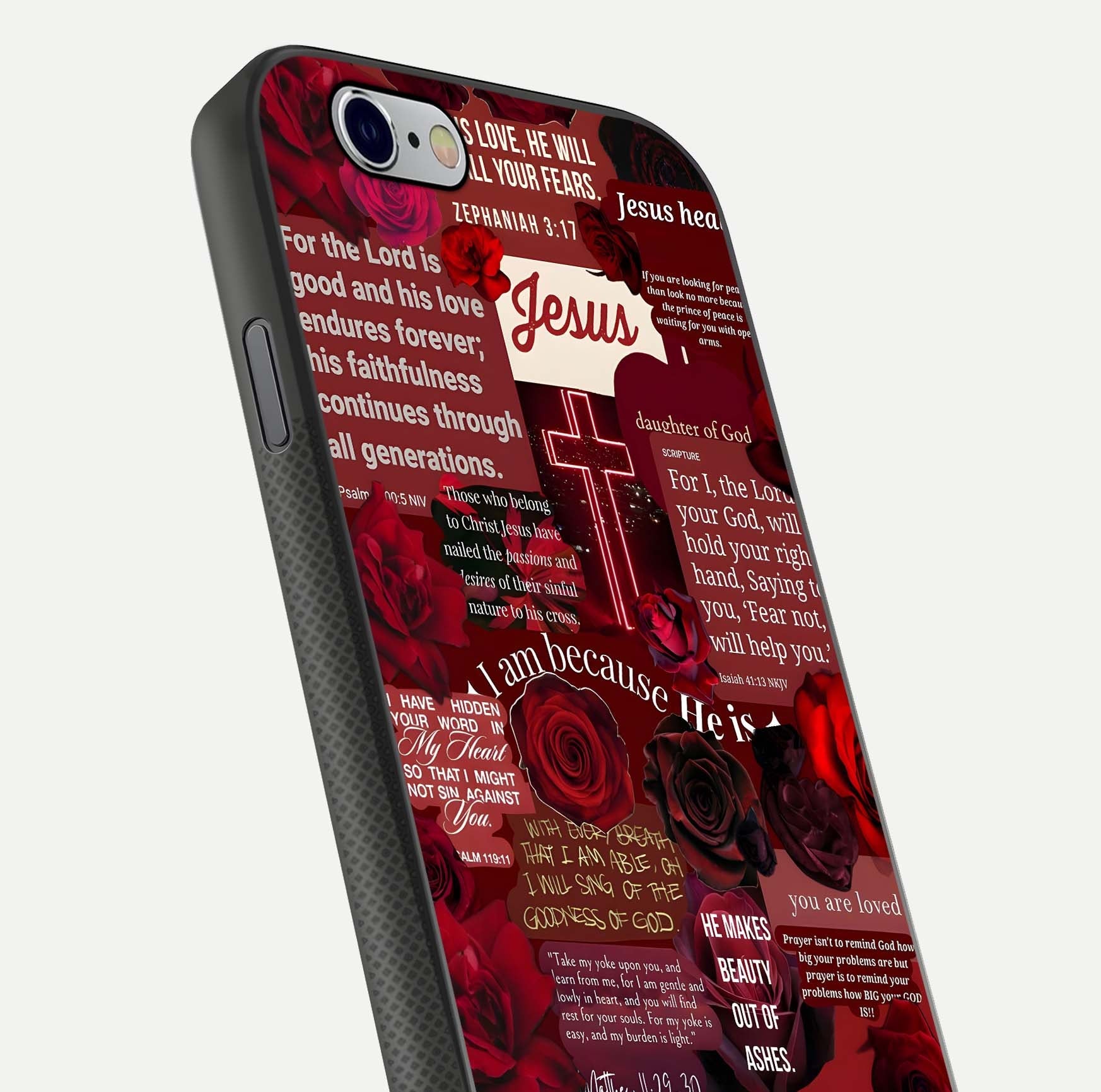 Jesus Love Heals Glass Case for iPhone 16 Pro close-up angled shot showing healing text, cross detailing, and reflection