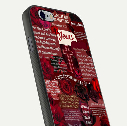 Jesus Love Heals Glass Case for iPhone 16 Pro close-up angled shot showing healing text, cross detailing, and reflection