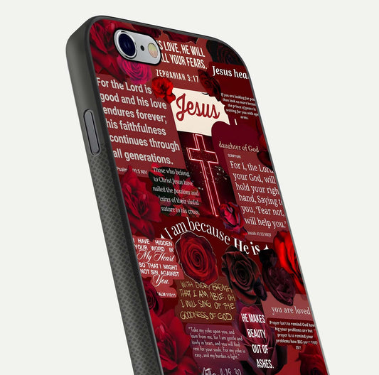 Jesus Love Heals Glass Case for iPhone 16 Pro close-up angled shot showing healing text, cross detailing, and reflection