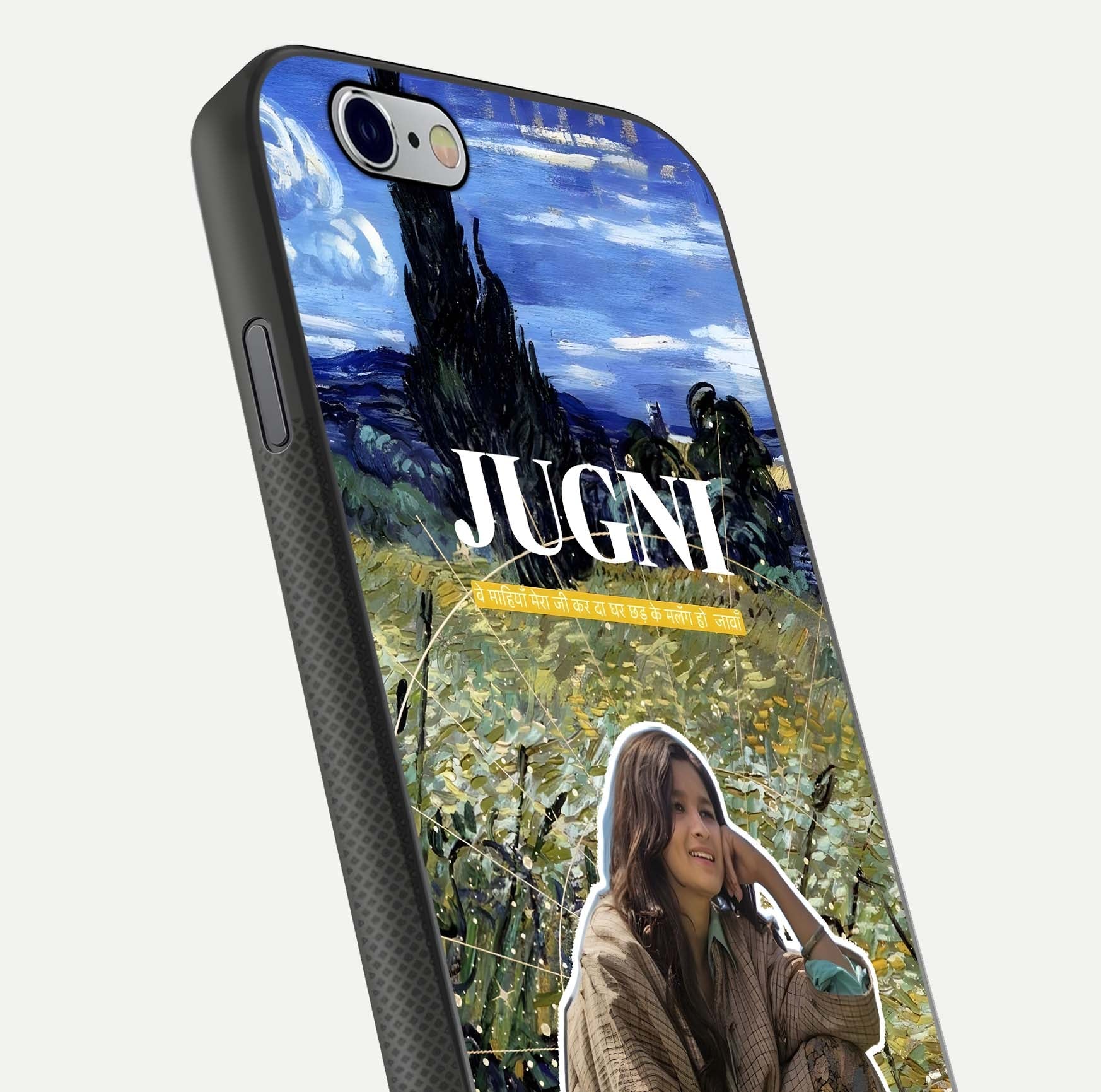 Jugni Soul Vibes Glass Case for iPhone 16 Pro close-up angled shot showing typography detail and vibrant gloss reflection