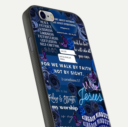 Kingdom Faith Glow Glass Case for iPhone 16 Pro close-up angled shot showing luminous text and divine reflection