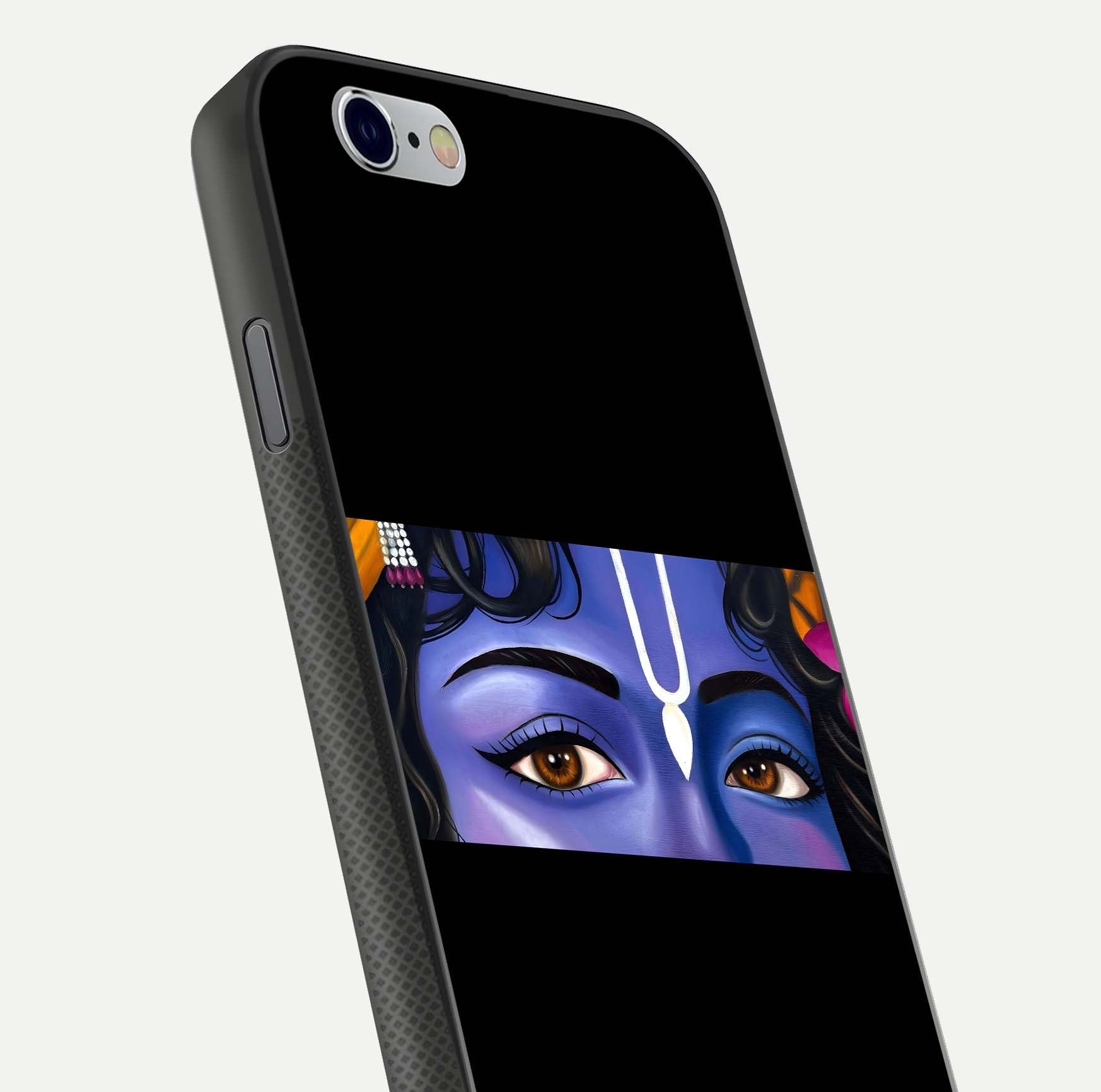 Krishna Eye Glass Case for iPhone 16 Pro close-up angled shot showing intricate artwork and reflection shine
