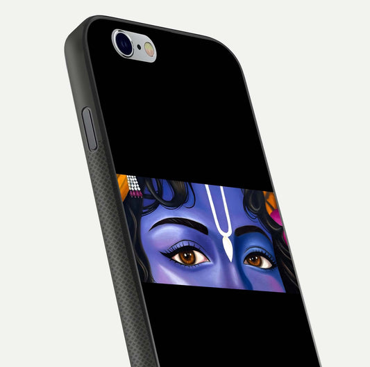 Krishna Eye Glass Case for iPhone 16 Pro close-up angled shot showing intricate artwork and reflection shine