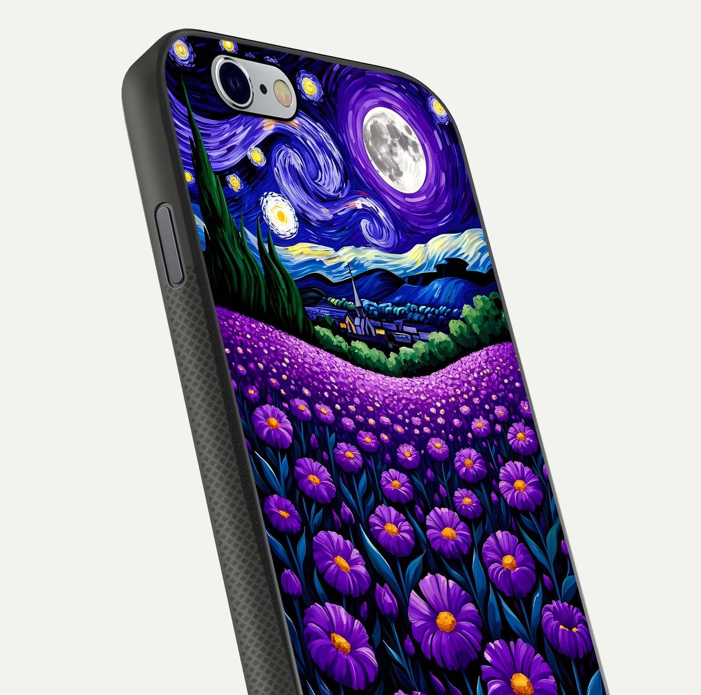 Lavender Moon Field Glass Case for iPhone 16 Pro close-up angled shot showing moon glow and purple detailing