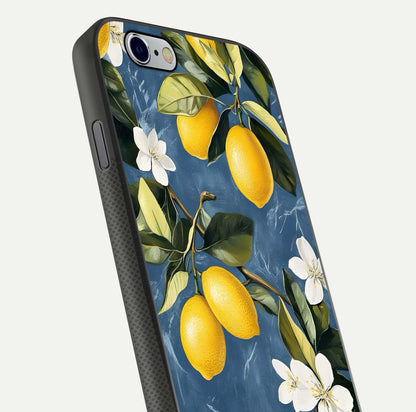 Lemon Dream Garden Glass Case for iPhone 16 Pro close-up angled shot showing fruit details and shine reflection