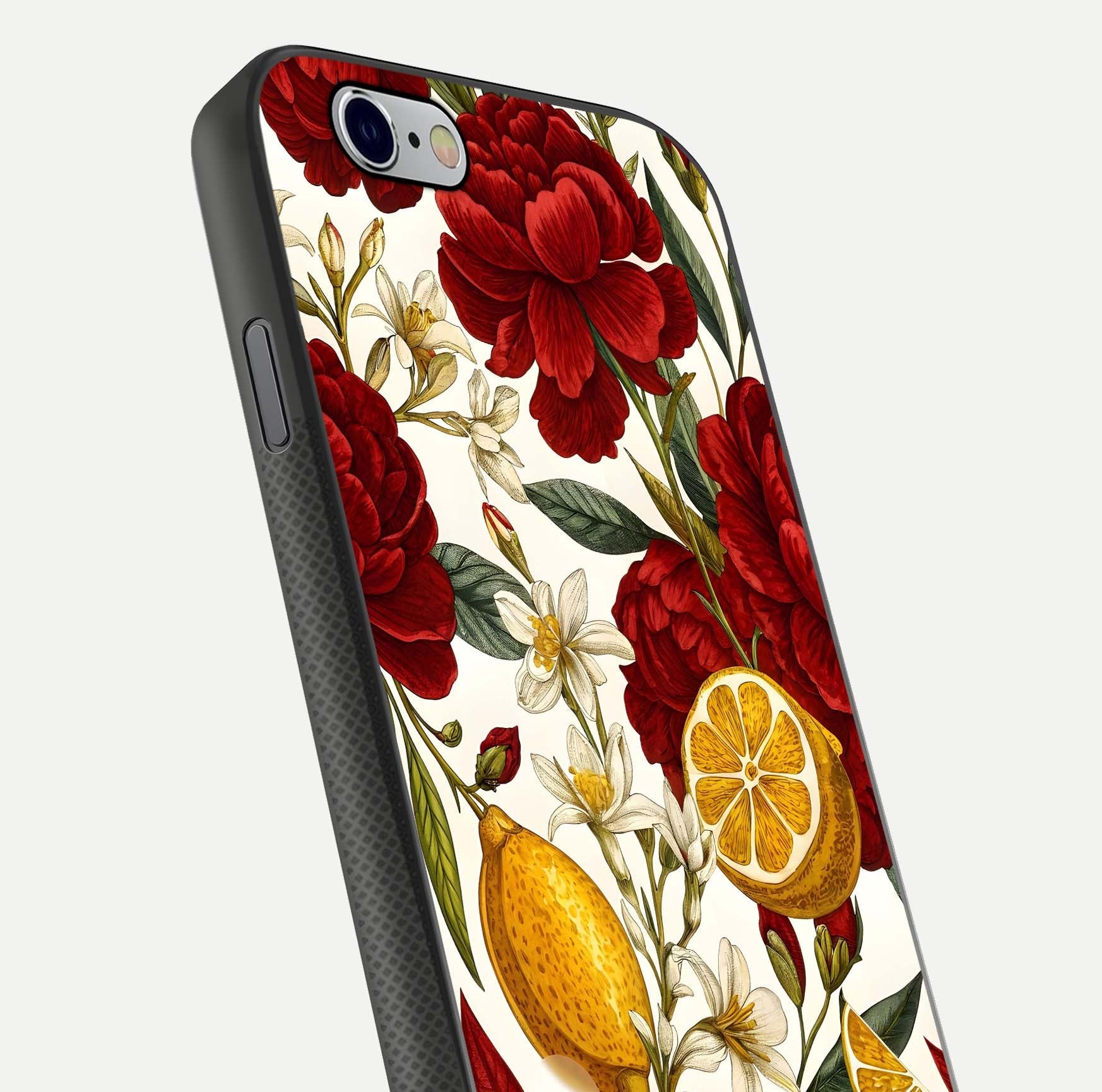 Lemon Rose Charm Glass Case for iPhone 16 Pro angled close-up showing vivid rose details and HD glass reflection