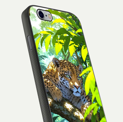 Leopard in Jungle Glass Case for iPhone 16 Pro angled close-up showing fur texture and glossy shine reflection