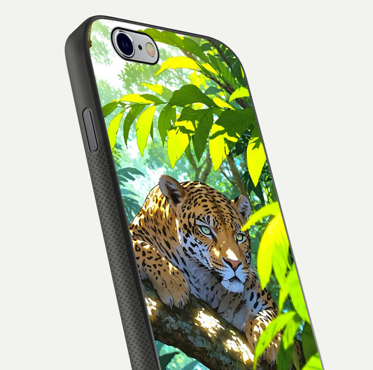Leopard in Jungle Glass Case for iPhone 16 Pro angled close-up showing fur texture and glossy shine reflection