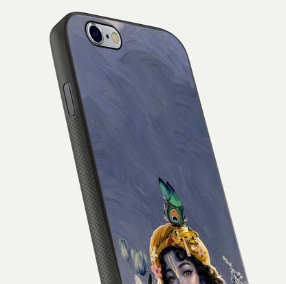 Lord Krishna Glass Case for iPhone 16 Pro angled close-up showing intricate flute and reflection details