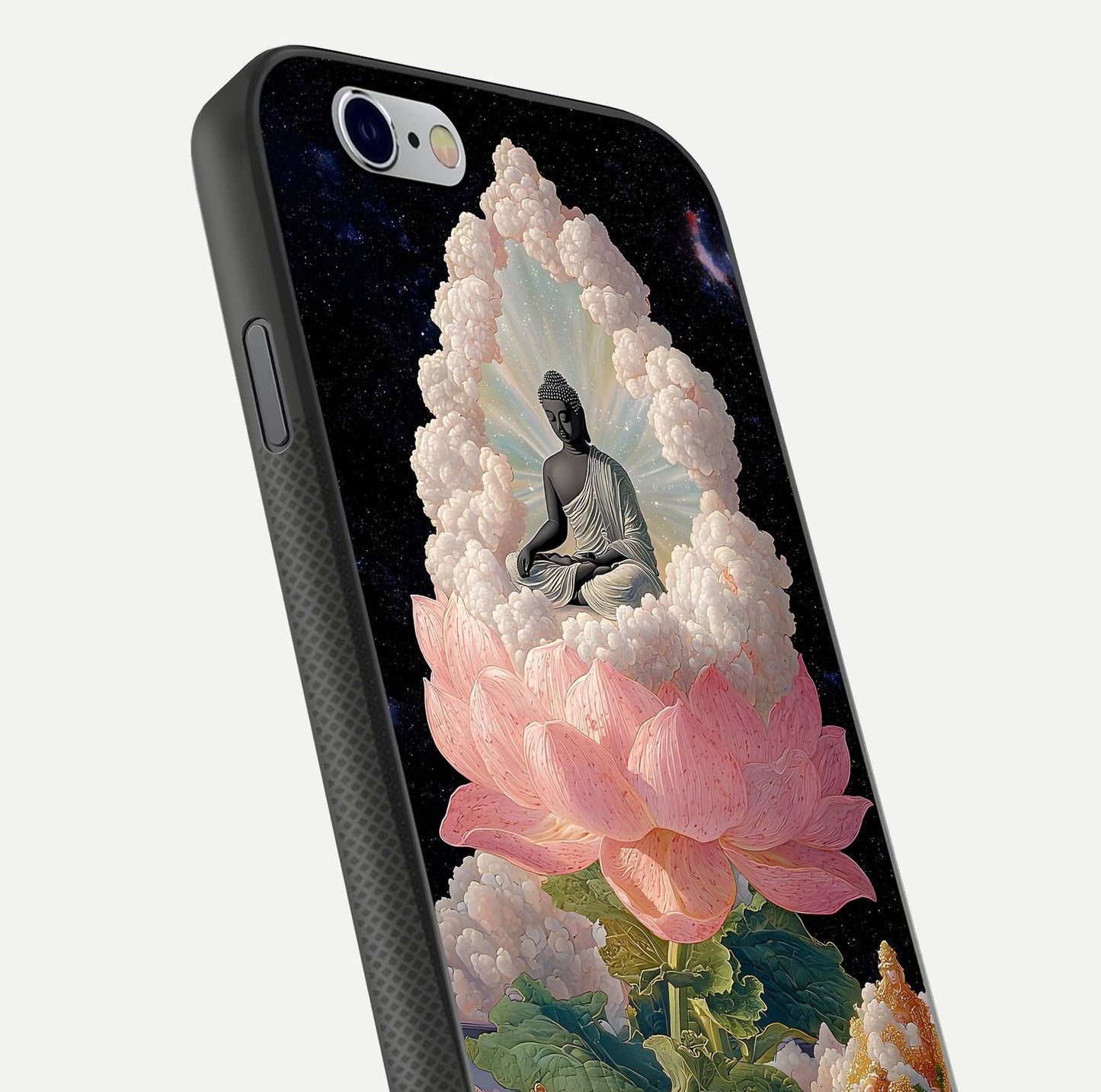 Lotus Divine Peace Glass Case for iPhone 16 Pro angled close-up showing delicate petals and gloss reflection