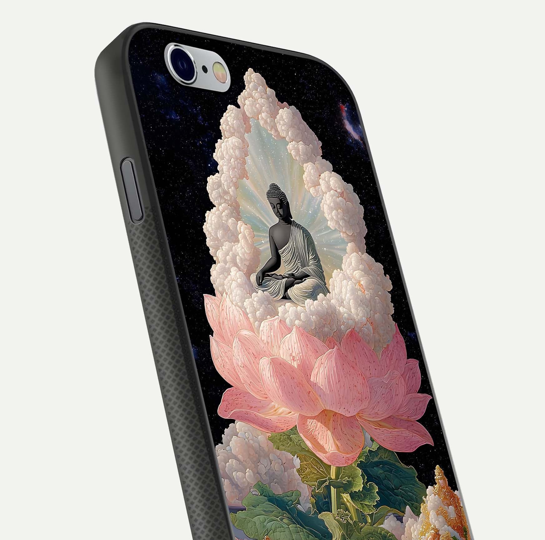 Lotus Divine Peace Glass Case for iPhone 16 Pro angled close-up showing delicate petals and gloss reflection