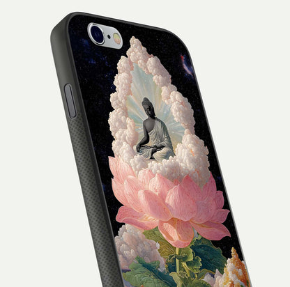 Lotus Divine Peace Glass Case for iPhone 16 Pro angled close-up showing delicate petals and gloss reflection