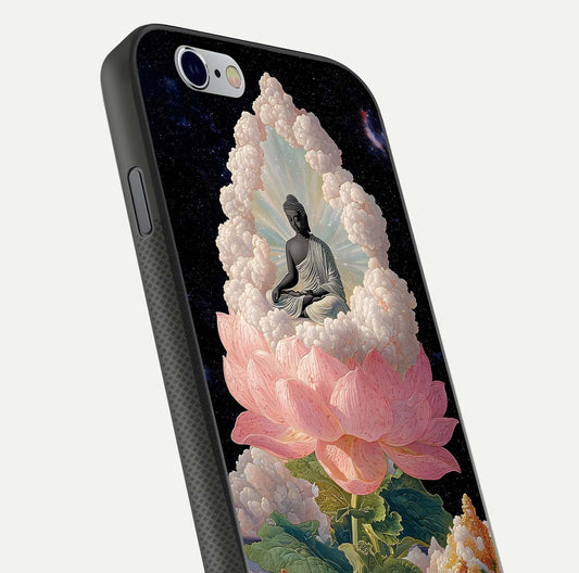 Lotus Divine Peace Glass Case for iPhone 16 Pro angled close-up showing delicate petals and gloss reflection
