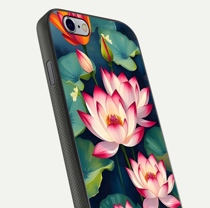 Lotus Dream Serenity Glass Case for iPhone 16 Pro close-up angled shot showing floral details and soft shine