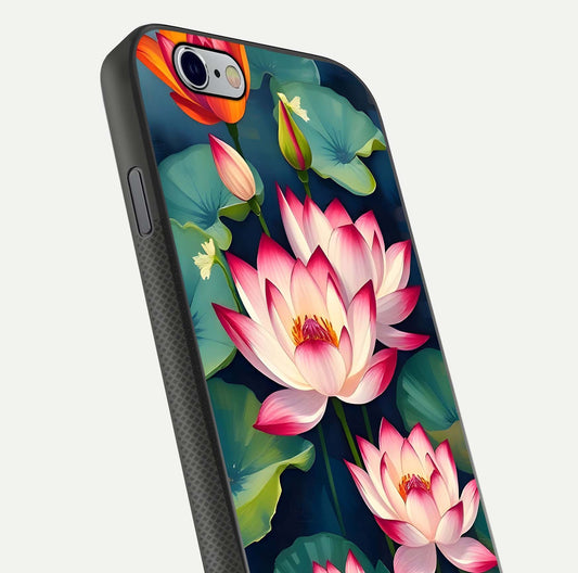 Lotus Dream Serenity Glass Case for iPhone 16 Pro close-up angled shot showing floral details and soft shine