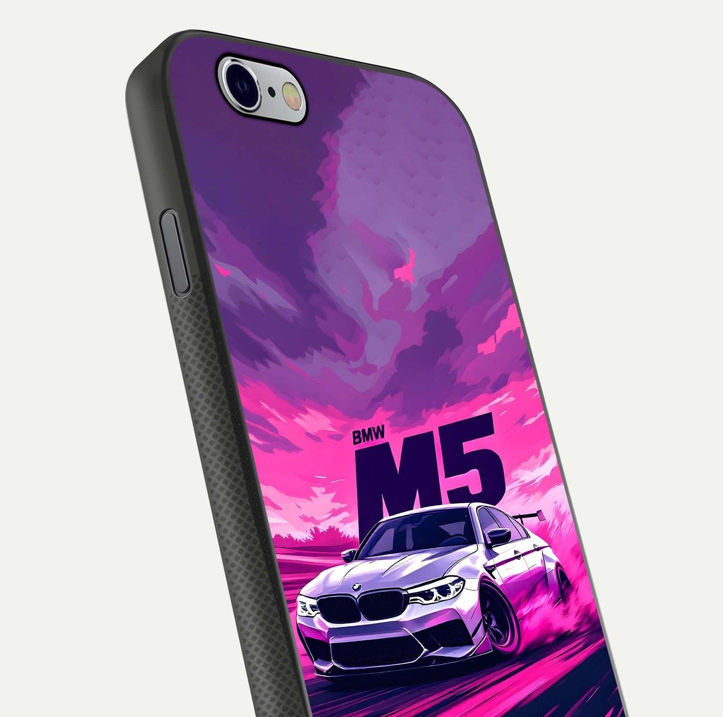 MS Neon Car Glass Case for iPhone 16 Pro close-up angled shot showing vivid neon reflections and shine
