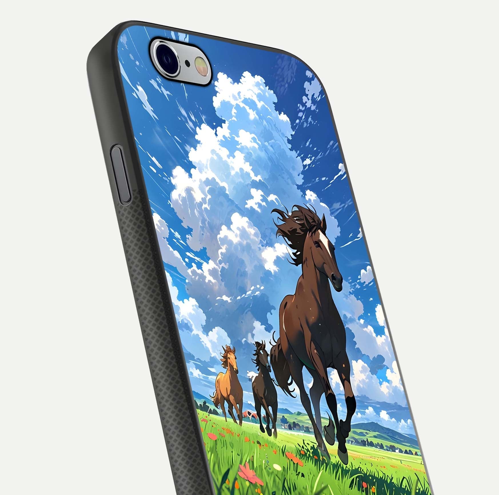 Majestic Horses Galloping Glass Case for iPhone 16 Pro close-up angled shot showing horse motion and reflection