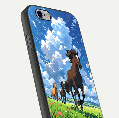 Majestic Horses Galloping Glass Case for iPhone 16 Pro close-up angled shot showing horse motion and reflection