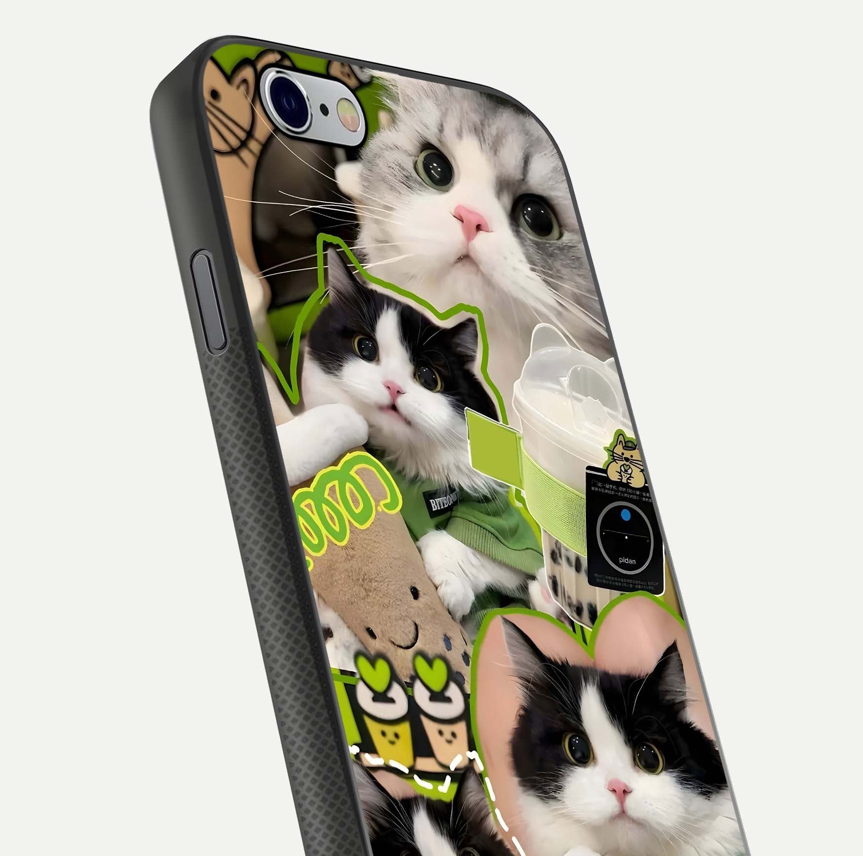 Matcha Cats Mood Glass Case for iPhone 16 Pro close-up angled shot showing adorable cat art and reflection detail