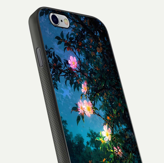Midnight Bloom Glow Glass Case for iPhone 16 Pro close-up angled shot showing petal highlights and glow reflection