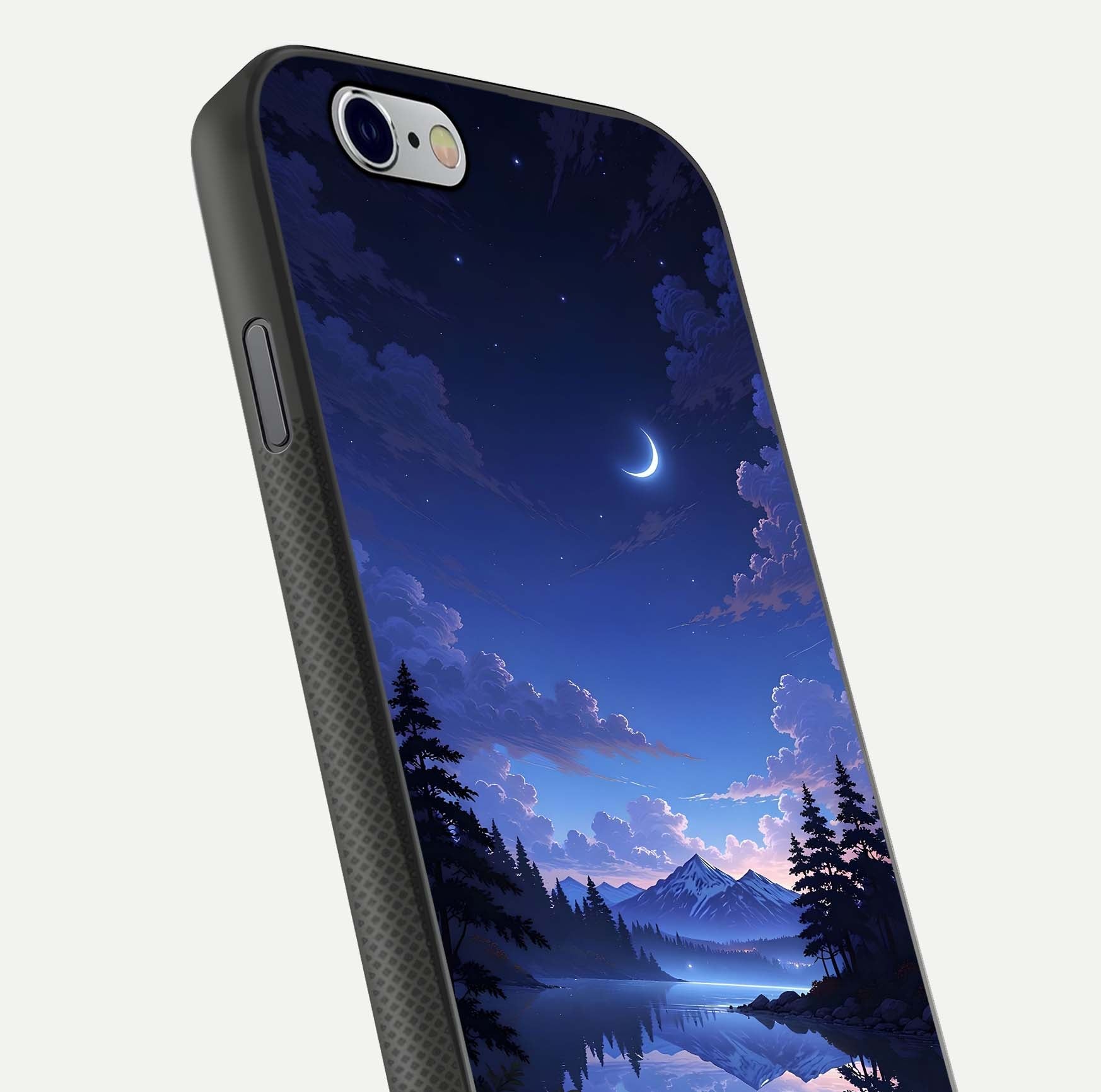 Midnight Lake Peace Glass Case for iPhone 16 Pro close-up angled shot showing blue night tones and reflection
