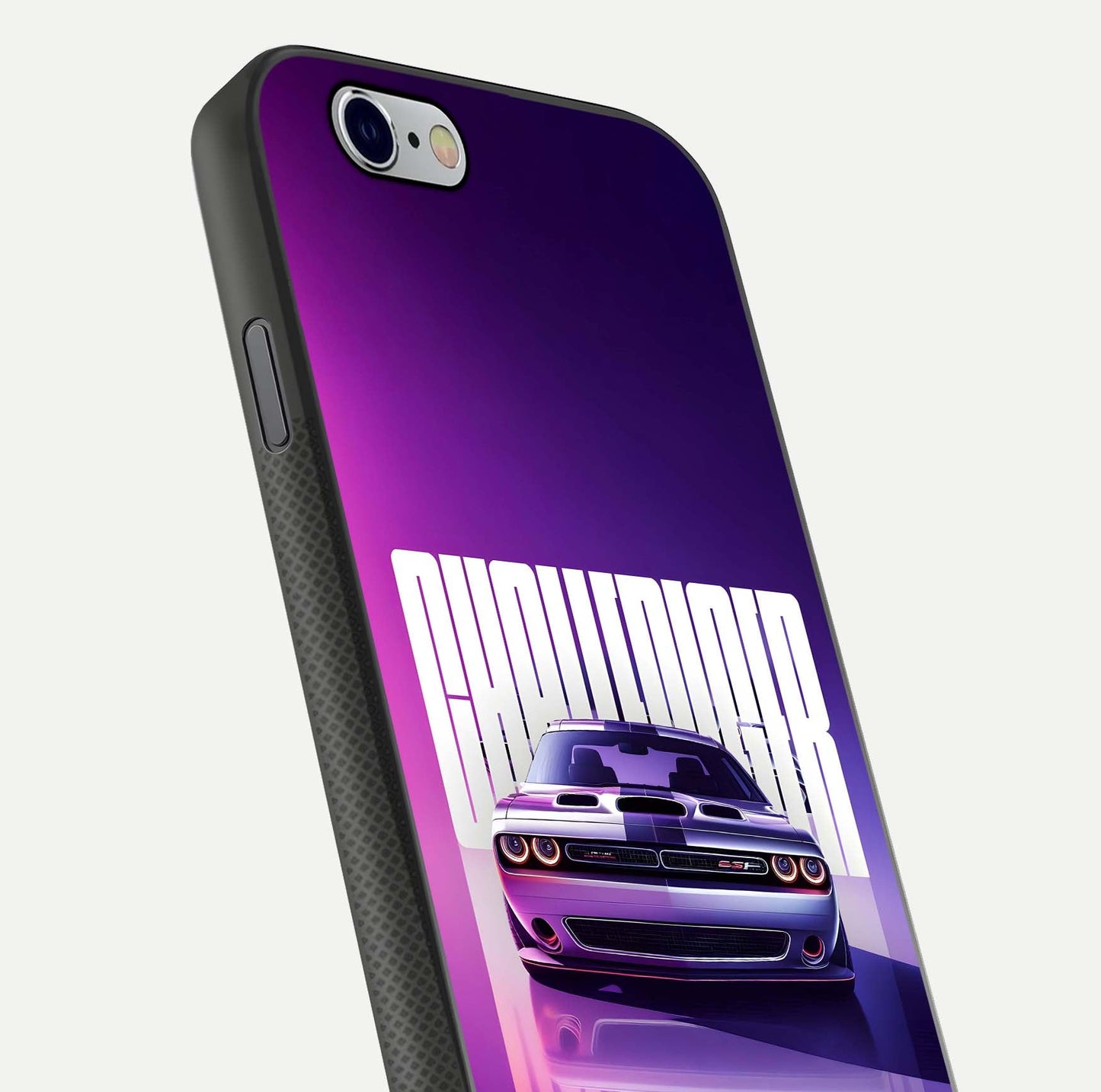 Midnight Muscle Ride Glass Case for iPhone 16 Pro close-up angled shot showing HD reflections and car details