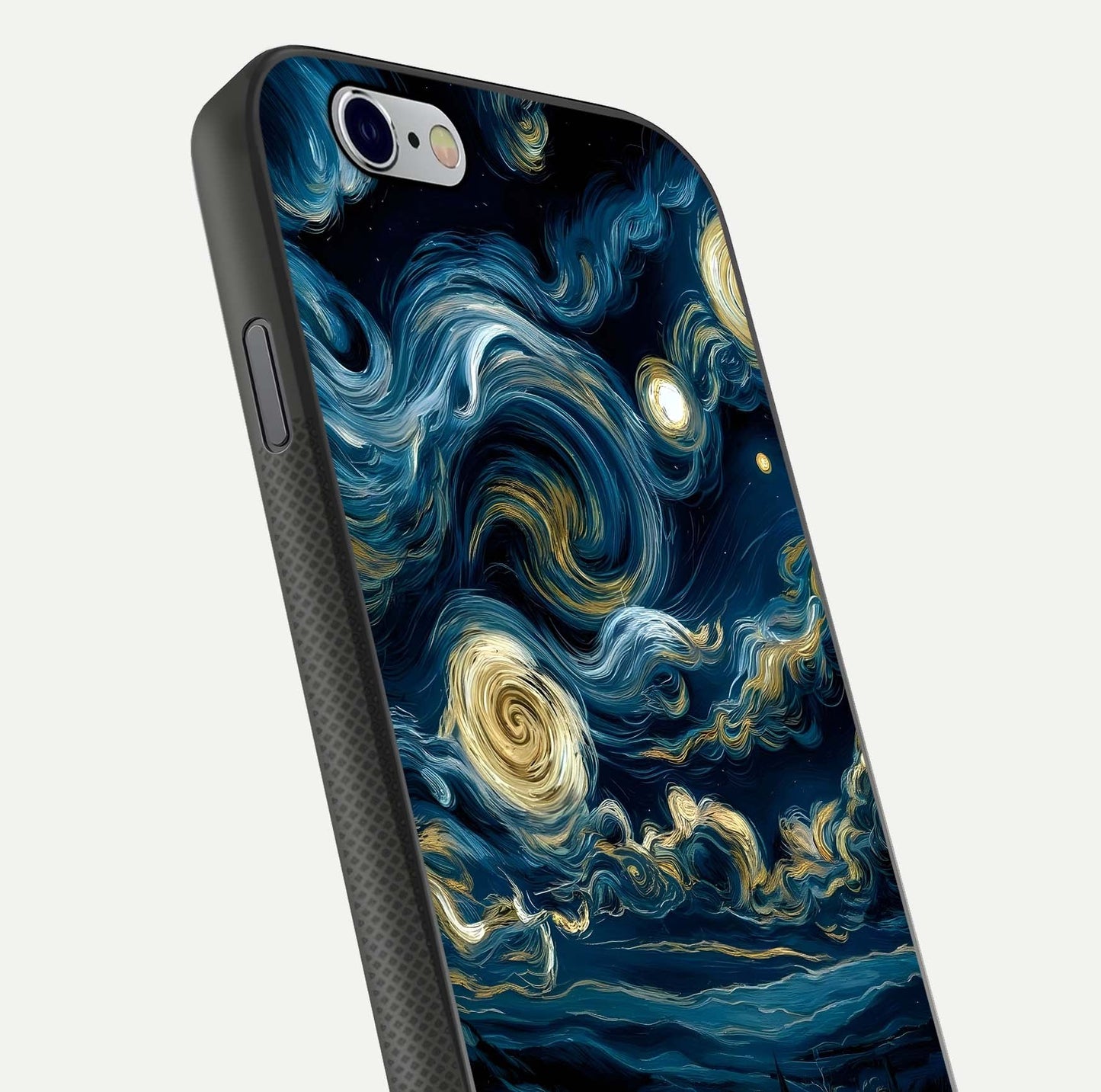 Midnight Sky Whirl Glass Case for iPhone 16 Pro close-up angle showing spiral design and HD gloss reflection
