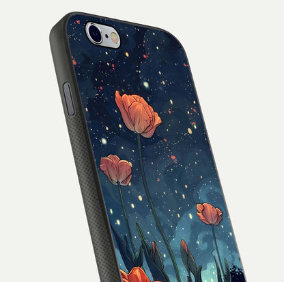 Midnight Tulip Glow Glass Case for iPhone 16 Pro close-up angled shot showing petal details and reflection glow