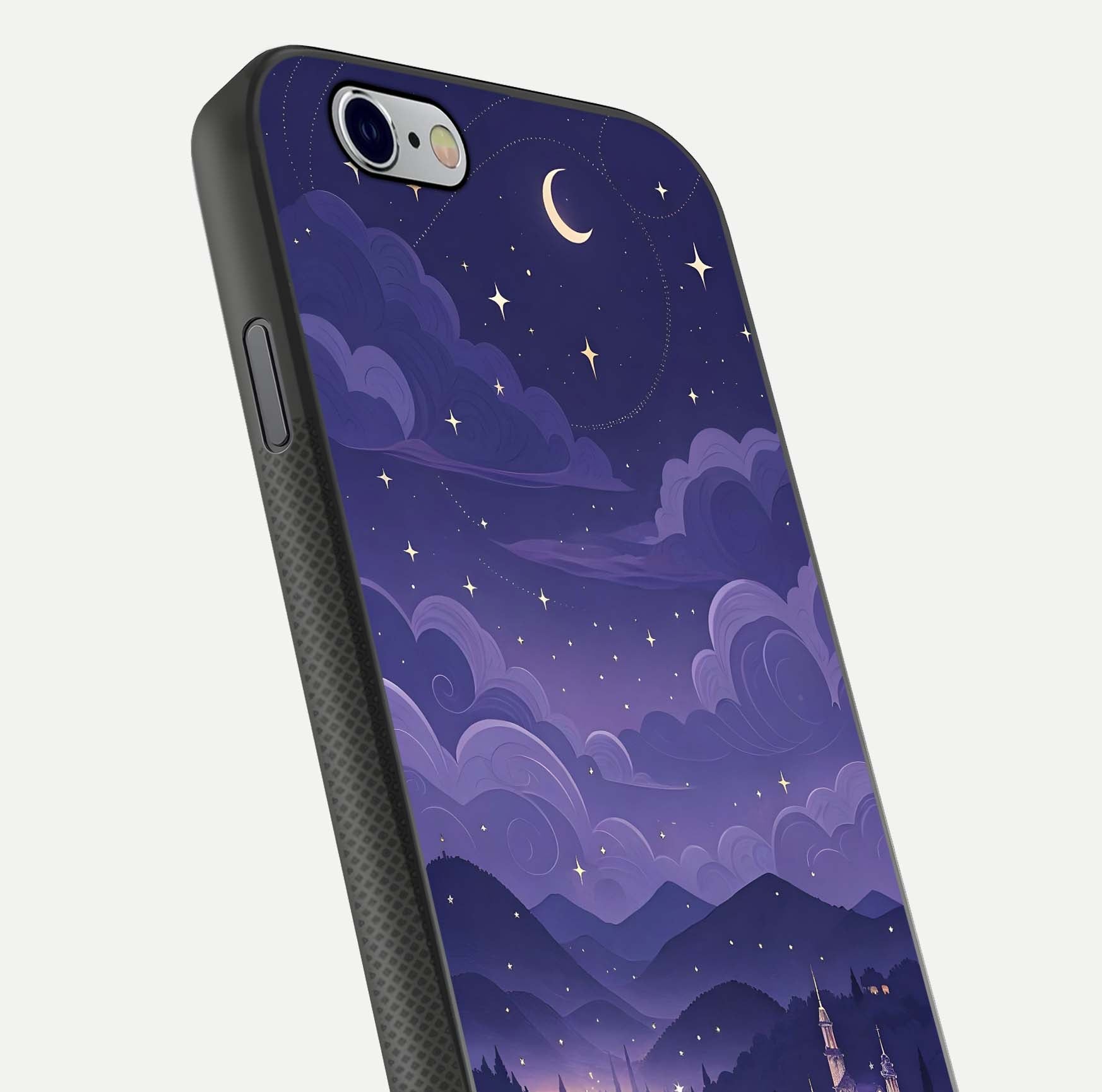 Minimal Night View Glass Case for iPhone 16 Pro close-up angled shot showing lights reflection and dark tone details