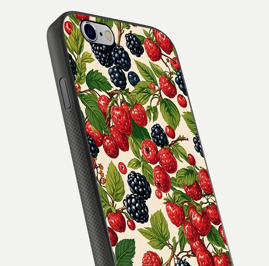 Mixed Berry Collage Glass Case for iPhone 16 Pro close-up angled shot showing fruit detail and reflection glow