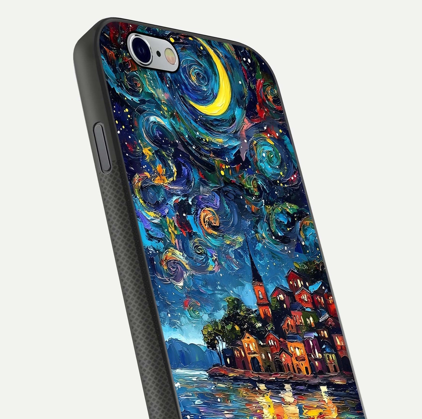 Moonlight Harbor Glow Glass Case for iPhone 16 Pro close-up angled shot showing reflection and moonlight glow