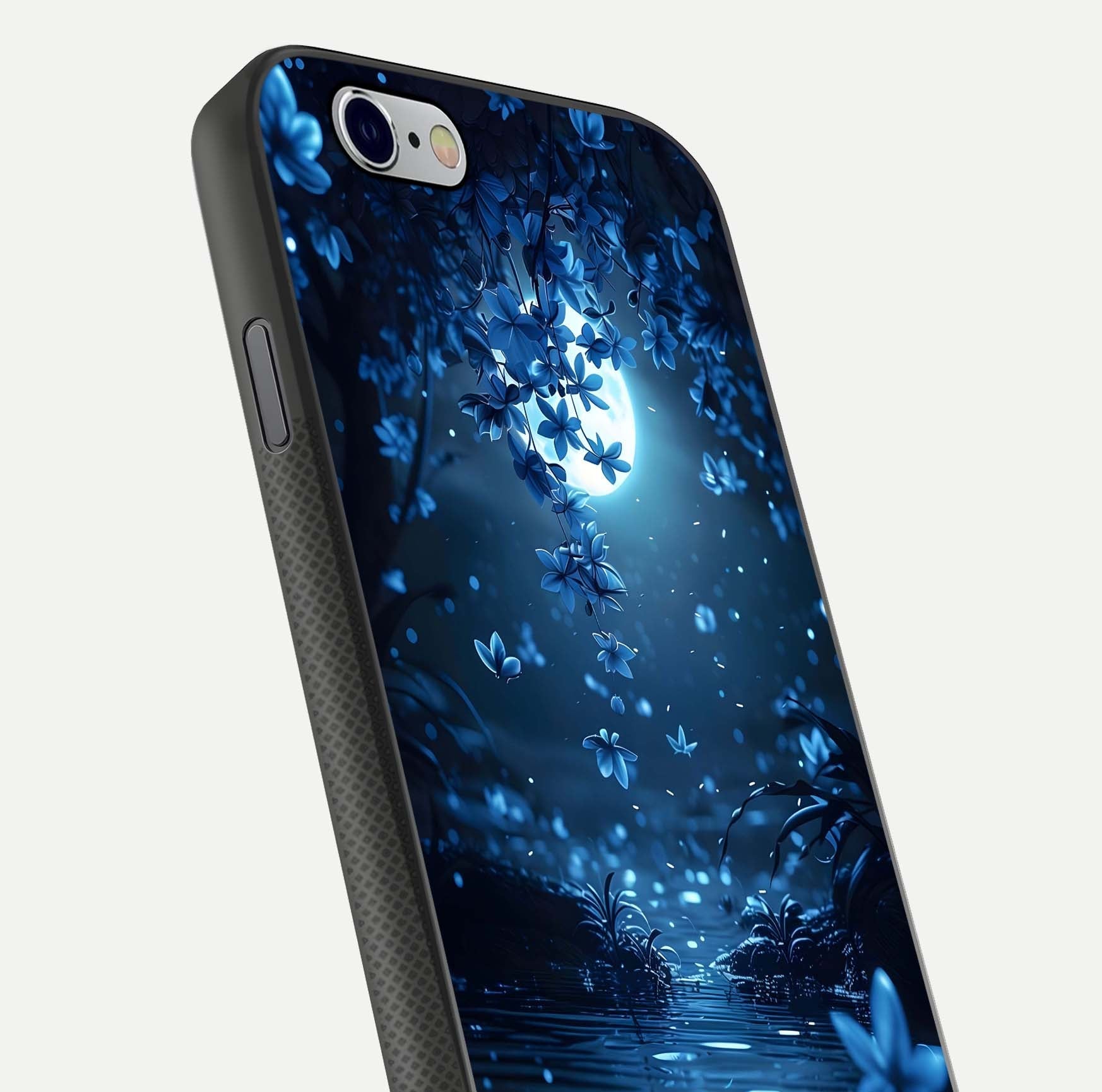 Moonlight Petal Dream Glass Case for iPhone 16 Pro close-up angled shot showing petal reflection and glow texture