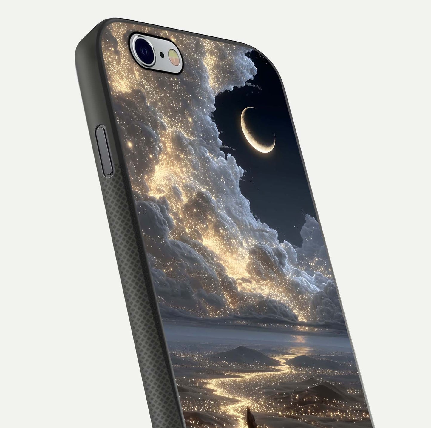 Moonlight Spark Path Glass Case for iPhone 16 Pro close-up angled shot showing glowing stars and reflection