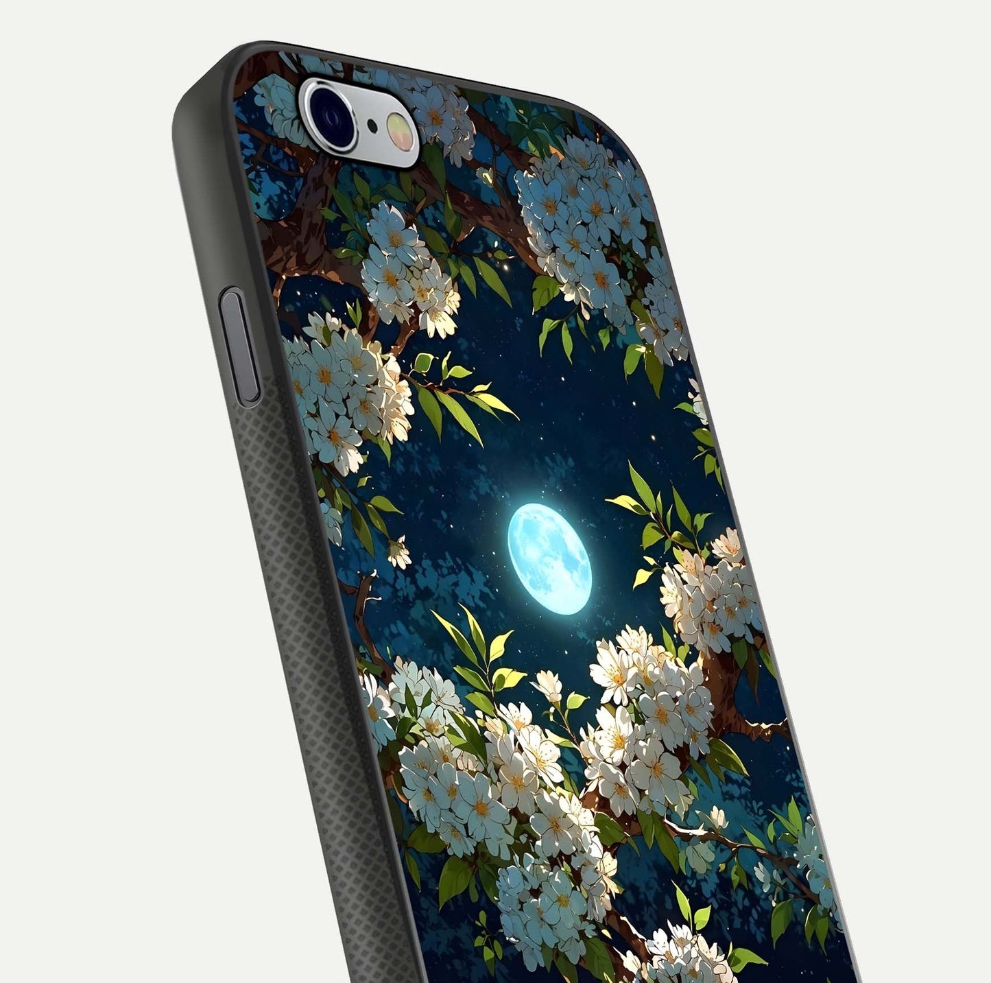 Moonlit Blossom Dream Glass Case for iPhone 16 Pro close-up angled shot showing glowing petals and reflection