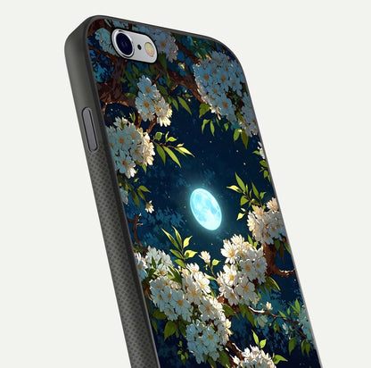 Moonlit Blossom Dream Glass Case for iPhone 16 Pro close-up angled shot showing glowing petals and reflection