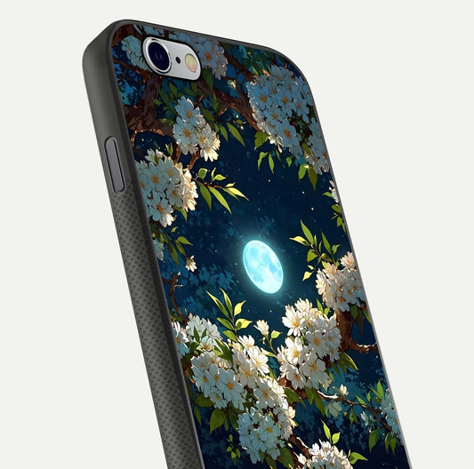 Moonlit Blossom Dream Glass Case for iPhone 16 Pro close-up angled shot showing glowing petals and reflection