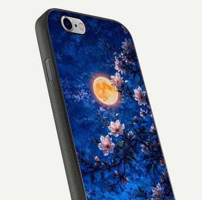 Moonlit Blossoms Night Glass Case for iPhone 16 Pro close-up angled shot showing petal glow and reflection detail
