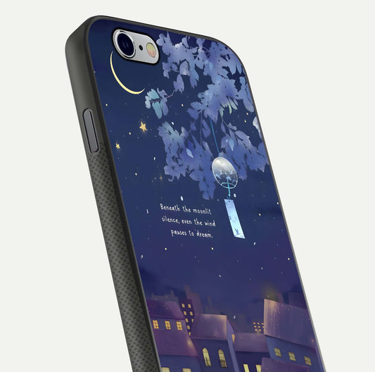 Moonlit Cat Silence Glass Case for iPhone 16 Pro close-up angled shot showing soft glow and reflection texture