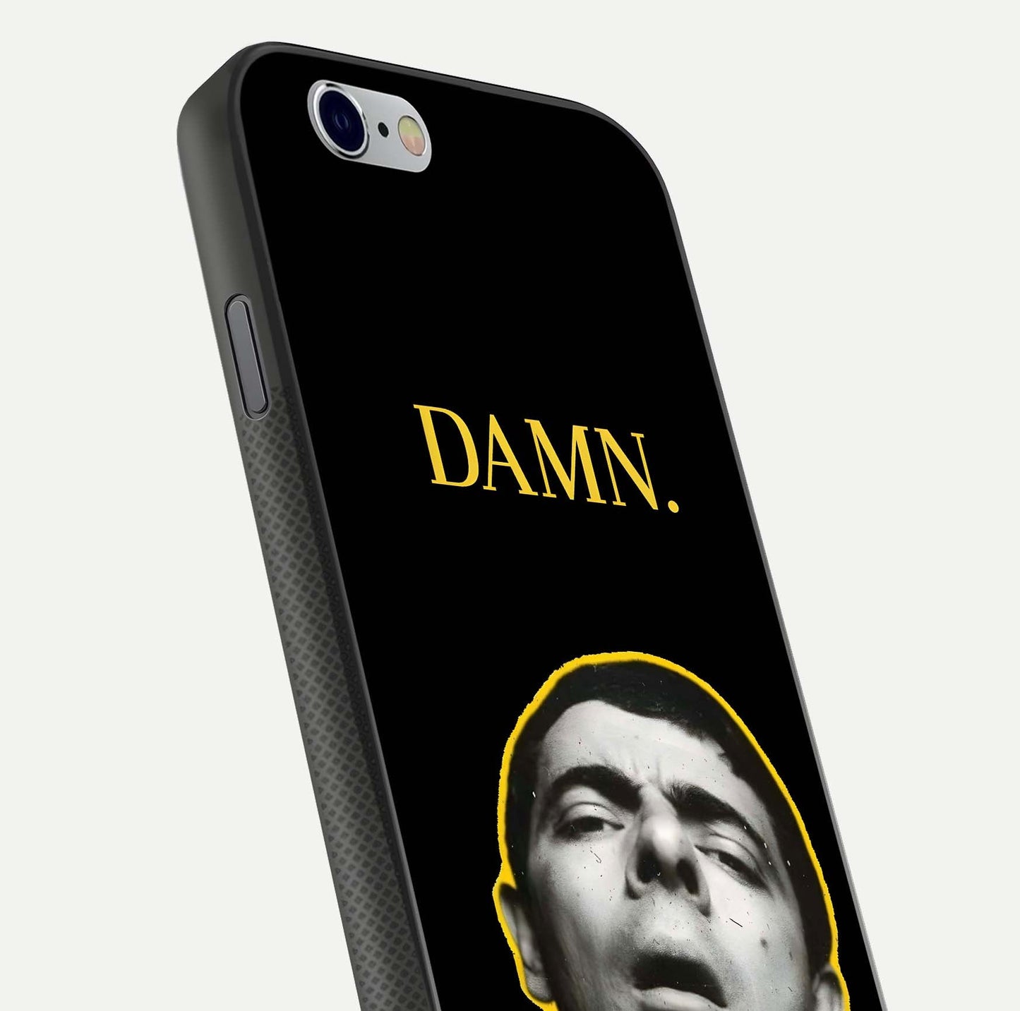 Mr Bean Damn Glass Case for iPhone 16 Pro close-up angled shot highlighting comic expression and shine detail