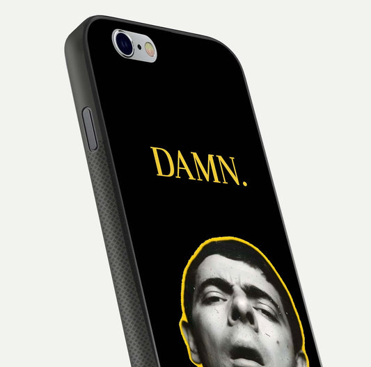Mr Bean Damn Glass Case for iPhone 16 Pro close-up angled shot highlighting comic expression and shine detail