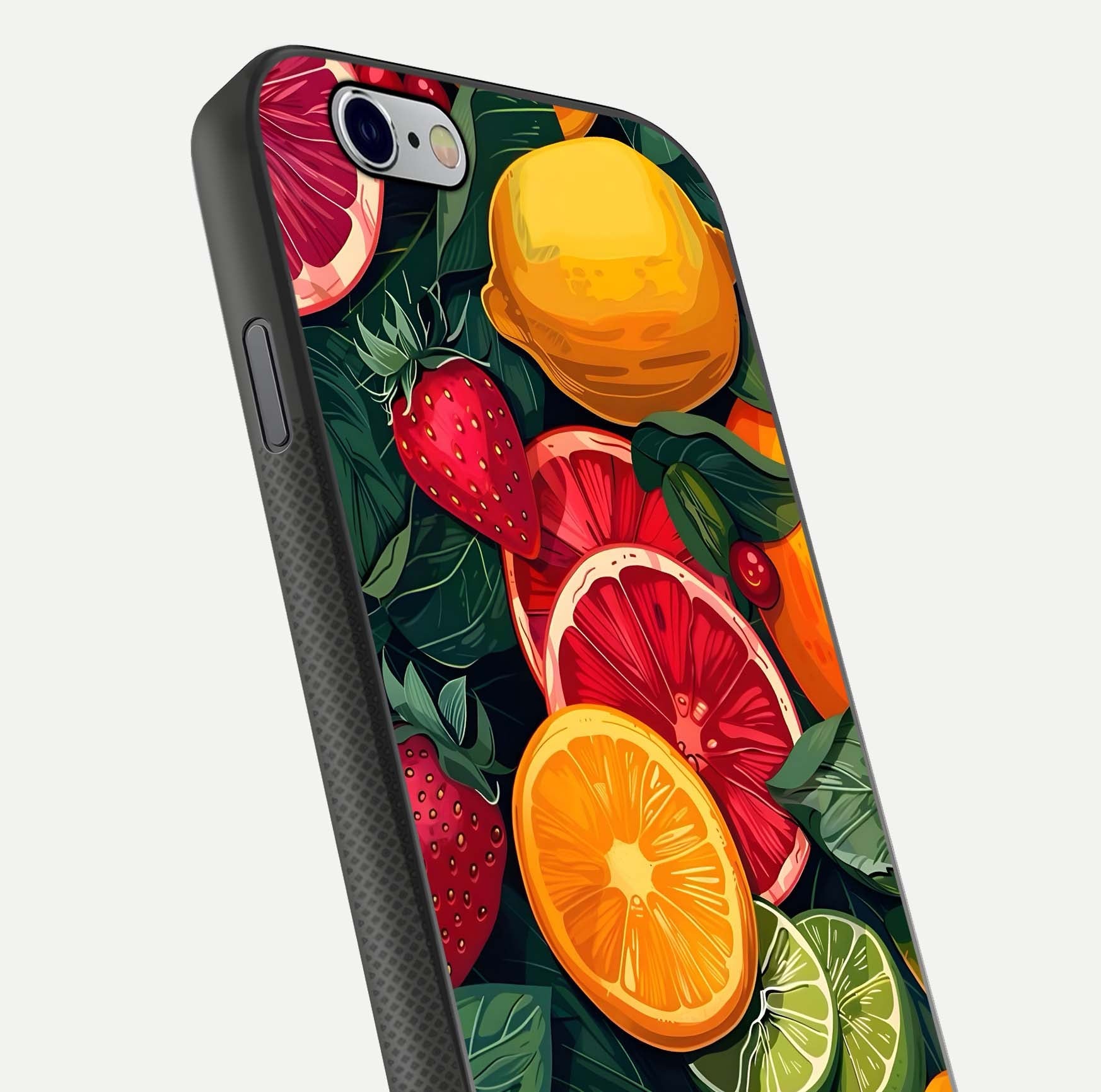 Multiple Fruits Glass Case for iPhone 16 Pro close-up angled shot showing fruit texture and HD gloss shine